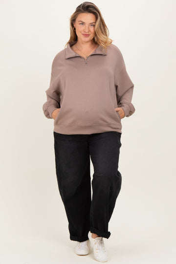 Light Mocha Half Zip Maternity Plus Pullover