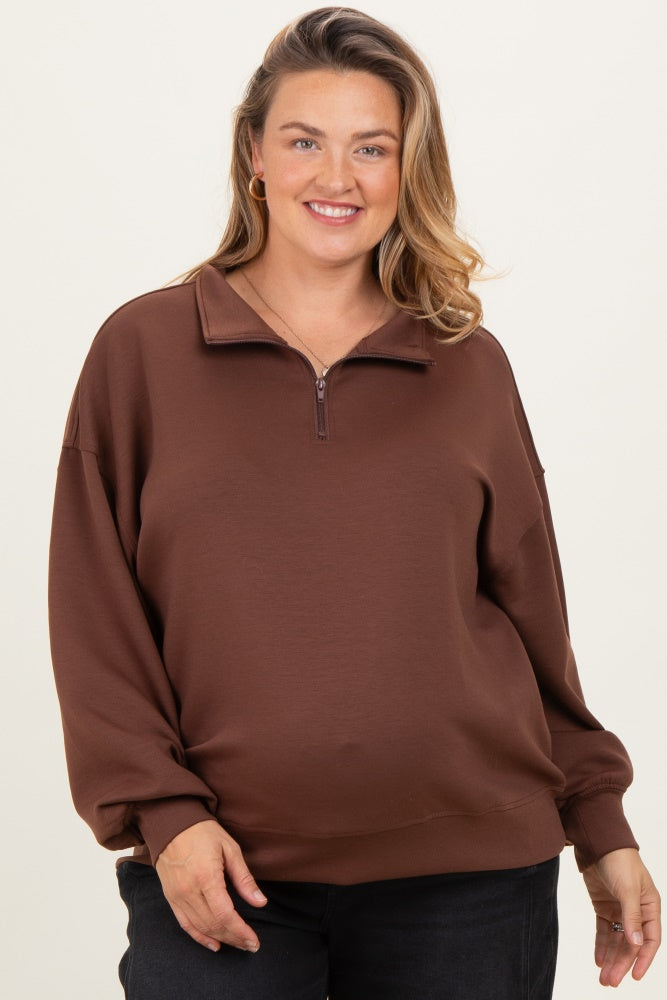 Brown Half Zip Maternity Plus Pullover
