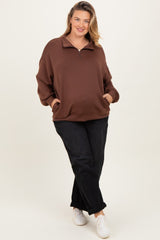 Brown Half Zip Maternity Plus Pullover