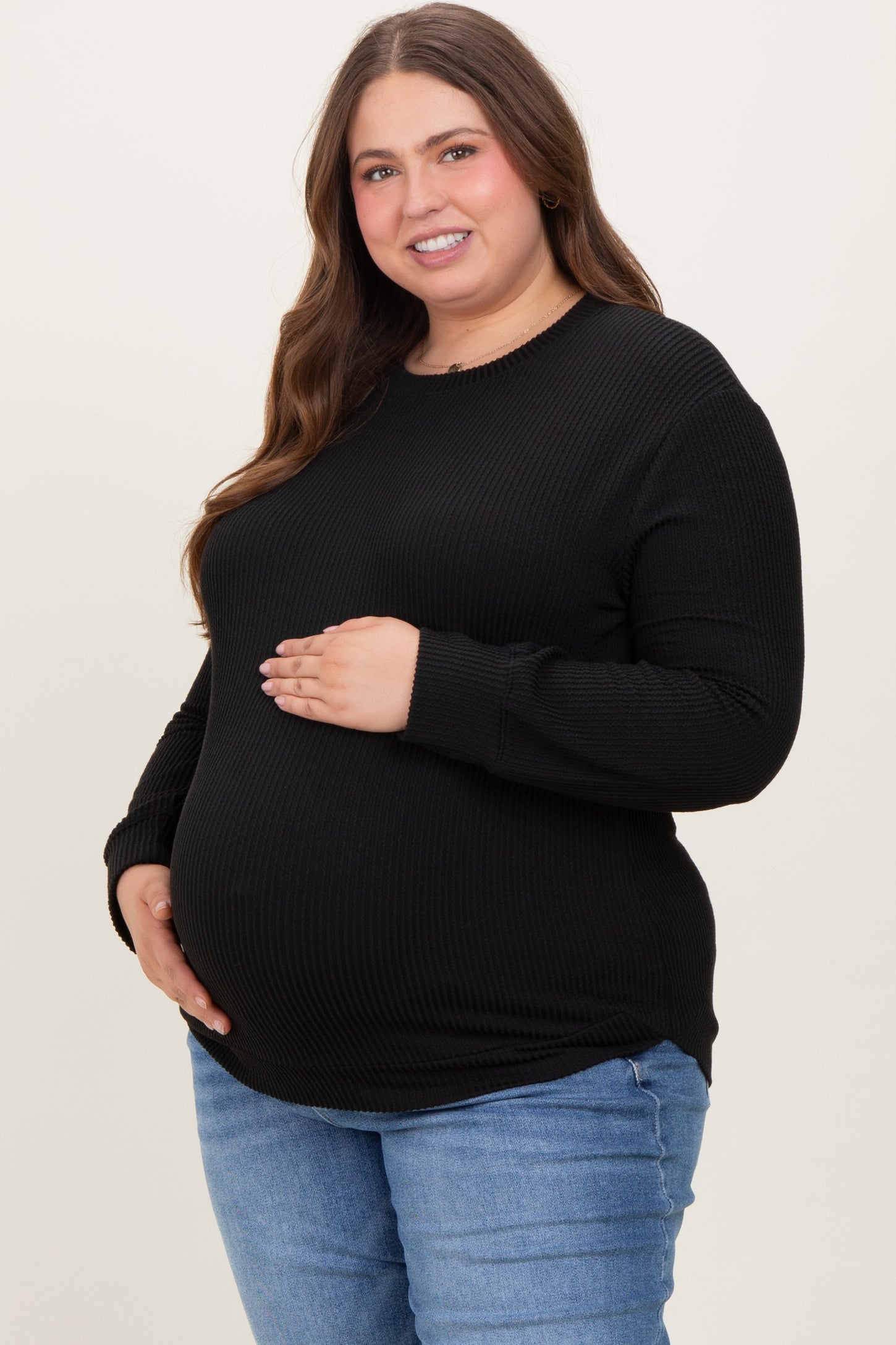 Black Textured Ribbed Long Sleeve Maternity Plus Top