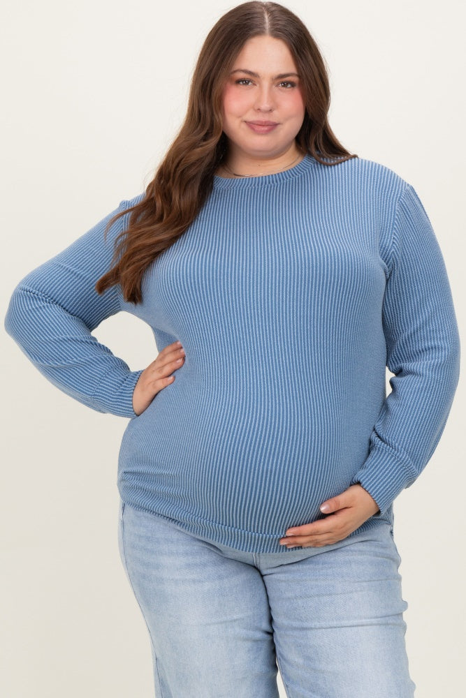 Blue Textured Ribbed Long Sleeve Maternity Plus Top