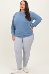 Blue Textured Ribbed Long Sleeve Plus Top