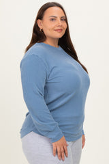 Blue Textured Ribbed Long Sleeve Plus Top