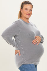 White Stripe Textured Ribbed Long Sleeve Maternity Plus Top
