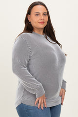 White Stripe Textured Ribbed Long Sleeve Plus Top