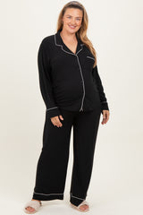 Black Button Down Top Wide Leg Pant Maternity Plus Pajama Set