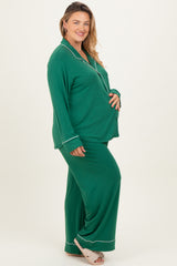 Forest Green Button Down Top Wide Leg Pant Maternity Plus Pajama Set