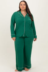Forest Green Button Down Top Wide Leg Pant Maternity Plus Pajama Set