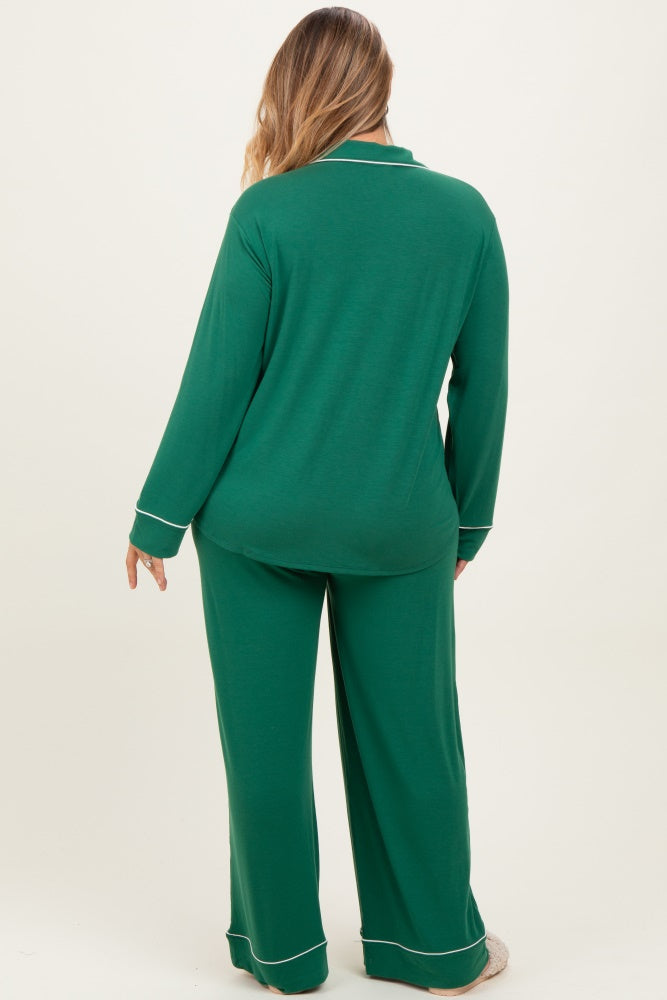Forest Green Button Down Top Wide Leg Pant Maternity Plus Pajama Set