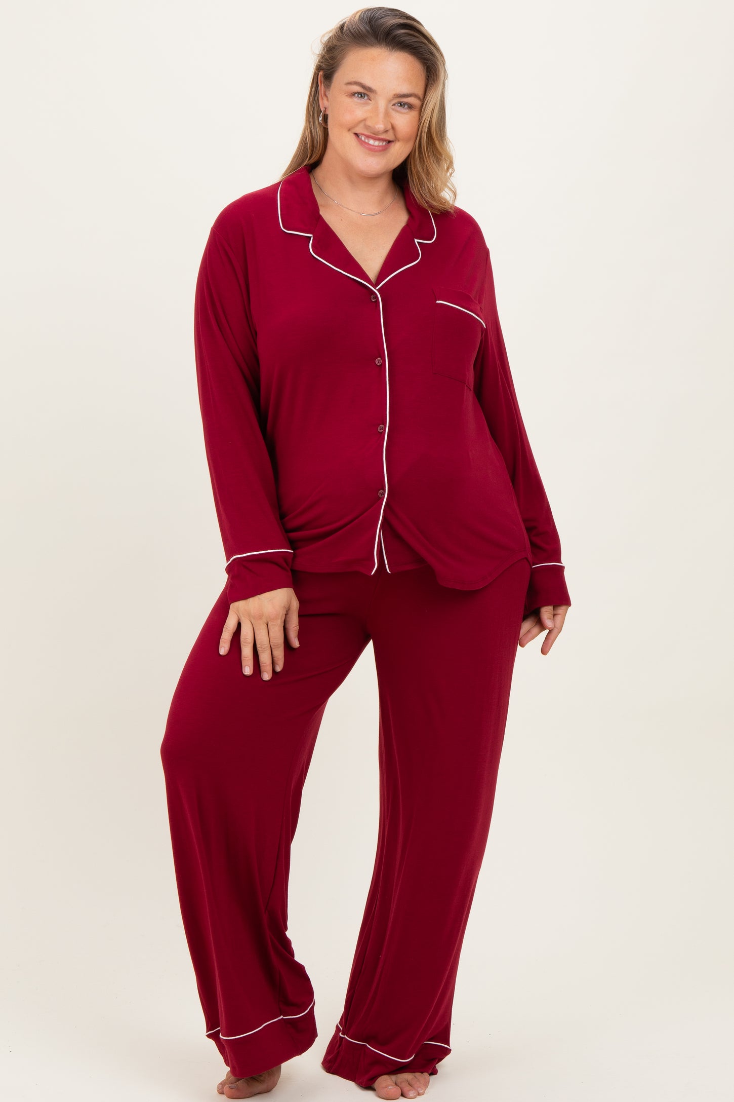 Burgundy Button Down Top Wide Leg Pant Maternity Plus Pajama Set