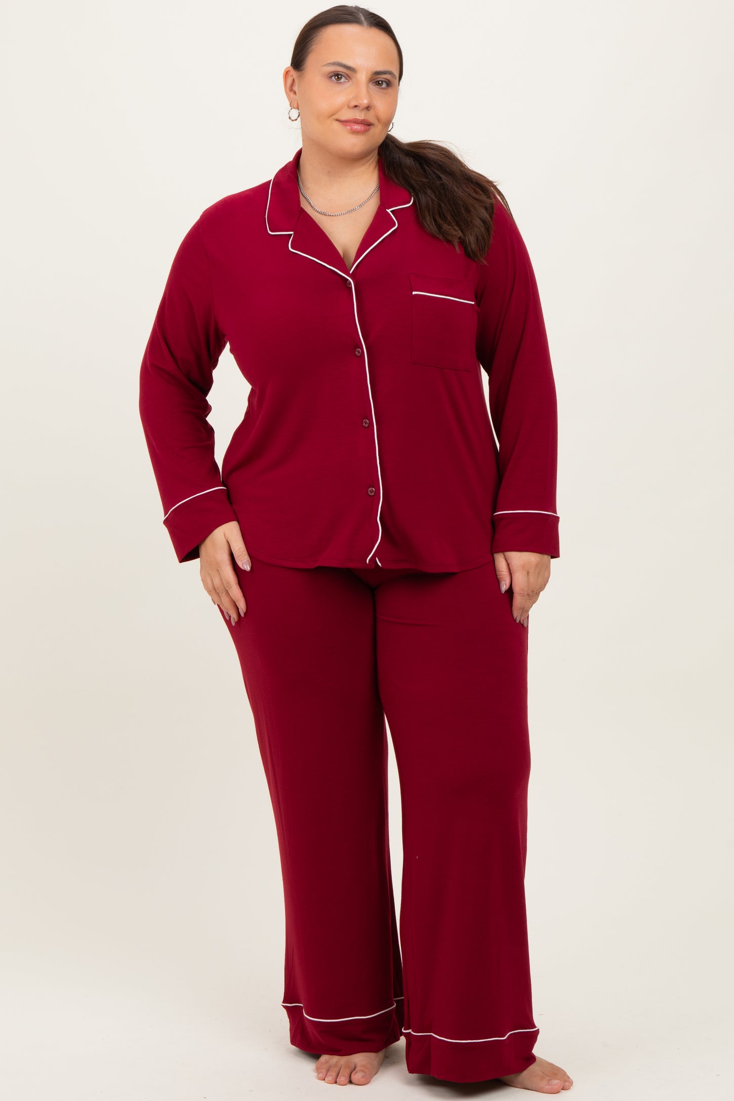 Burgundy Button Down Top Wide Leg Pant Plus Pajama Set