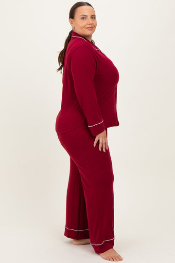 Burgundy Button Down Top Wide Leg Pant Plus Pajama Set