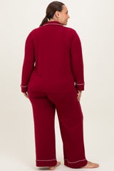 Burgundy Button Down Top Wide Leg Pant Plus Pajama Set