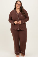Brown Button Down Top Wide Leg Pant Maternity Plus Pajama Set