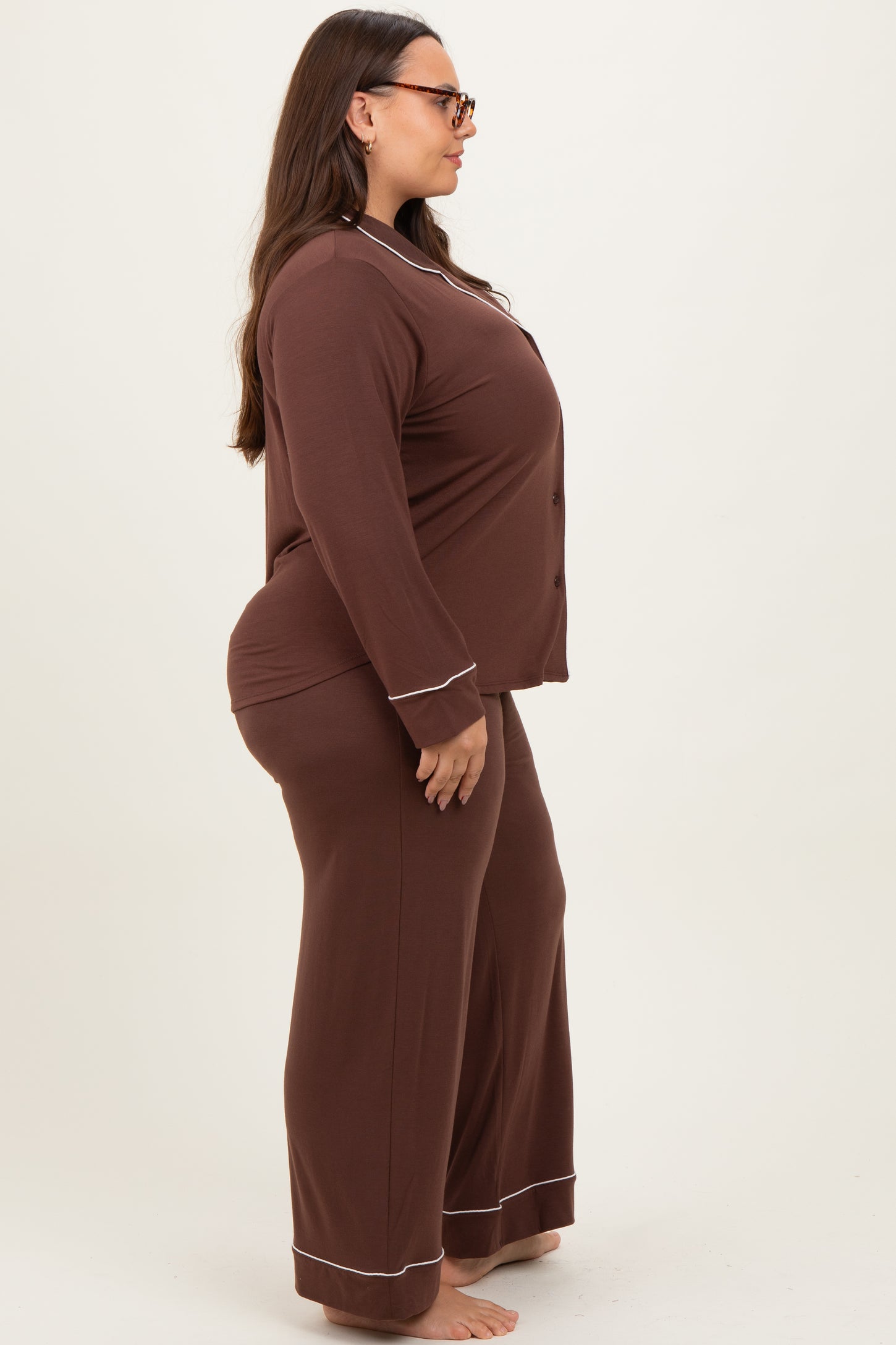 Brown Button Down Top Wide Leg Pant Plus Pajama Set