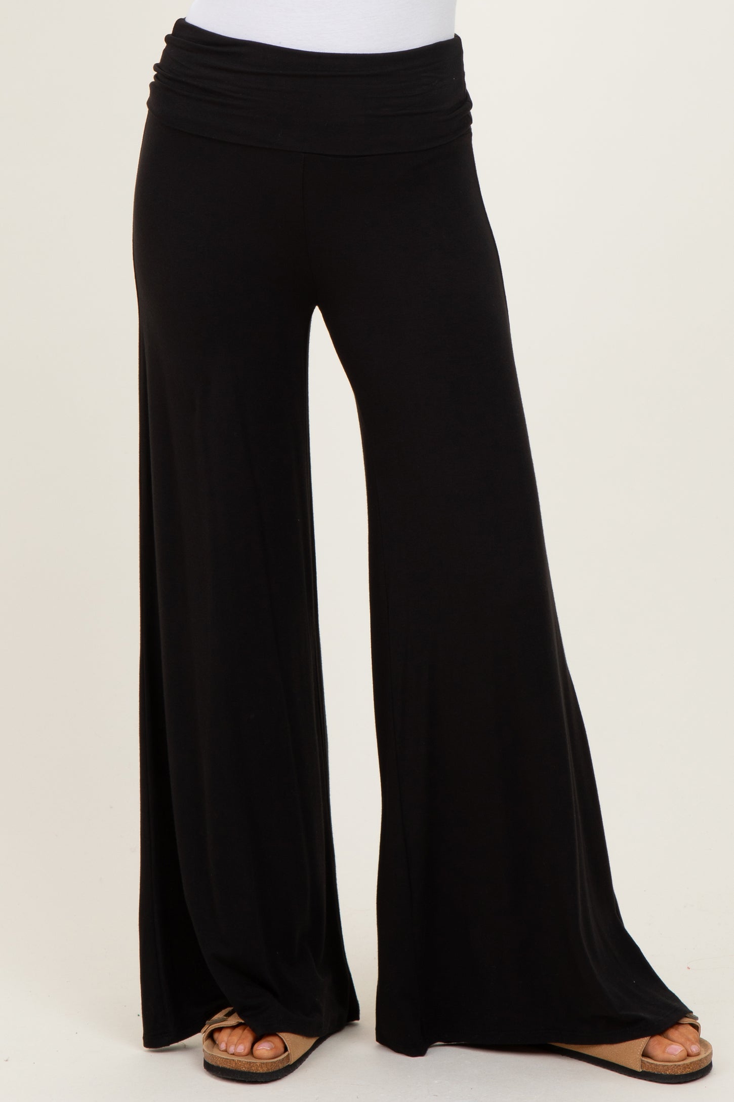 Black Fold Over Waist Wide Leg Lounge Pants