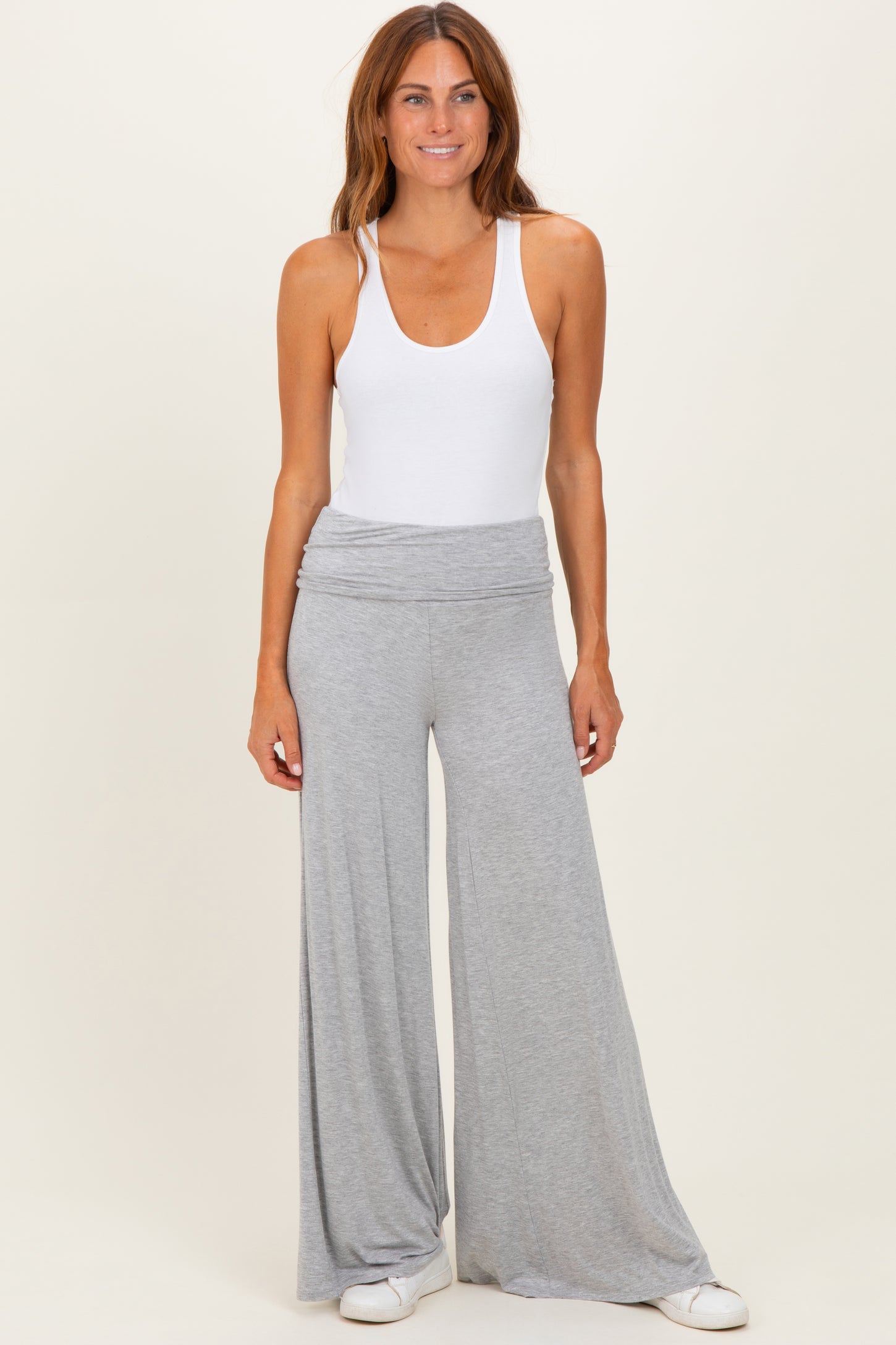 Heather Grey Fold Over Waist Wide Leg Lounge Pants