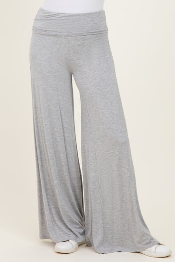 Heather Grey Fold Over Waist Wide Leg Lounge Pants