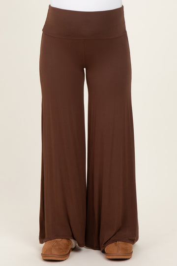 Brown Fold Over Waist Maternity Wide Leg Lounge Pants