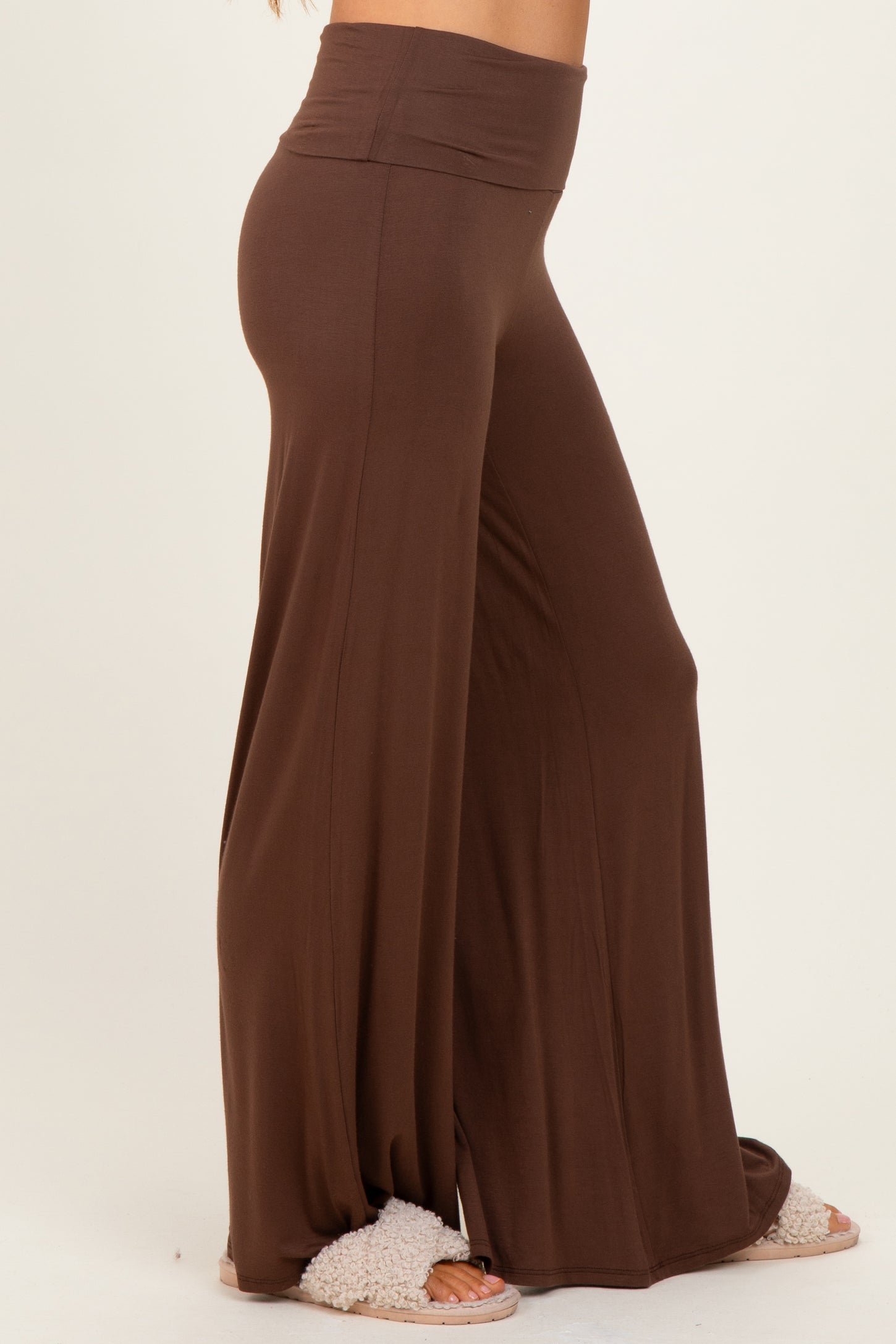 Brown Fold Over Waist Wide Leg Lounge Pants
