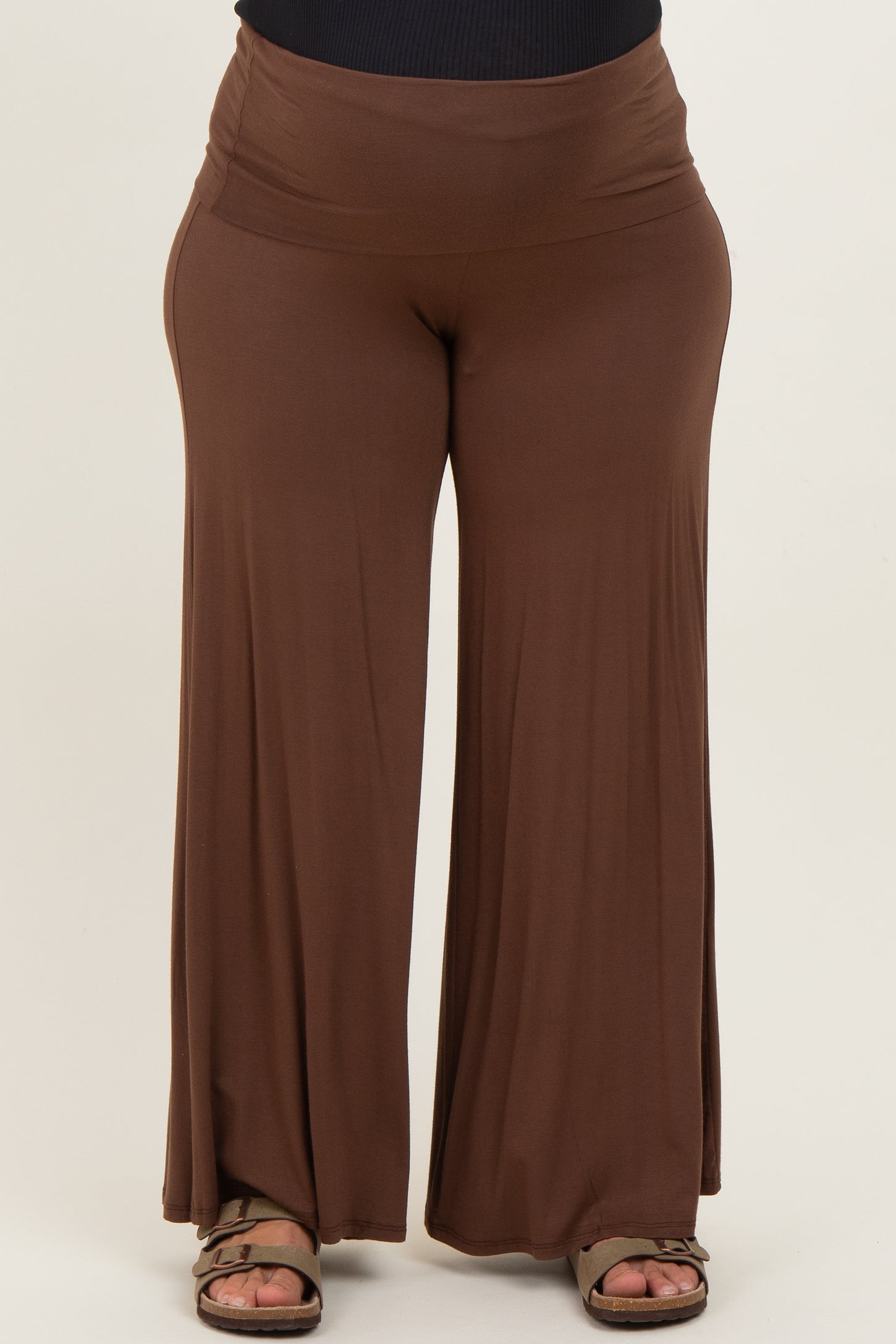 Brown Fold Over Waist Wide Leg Maternity Plus Lounge Pants