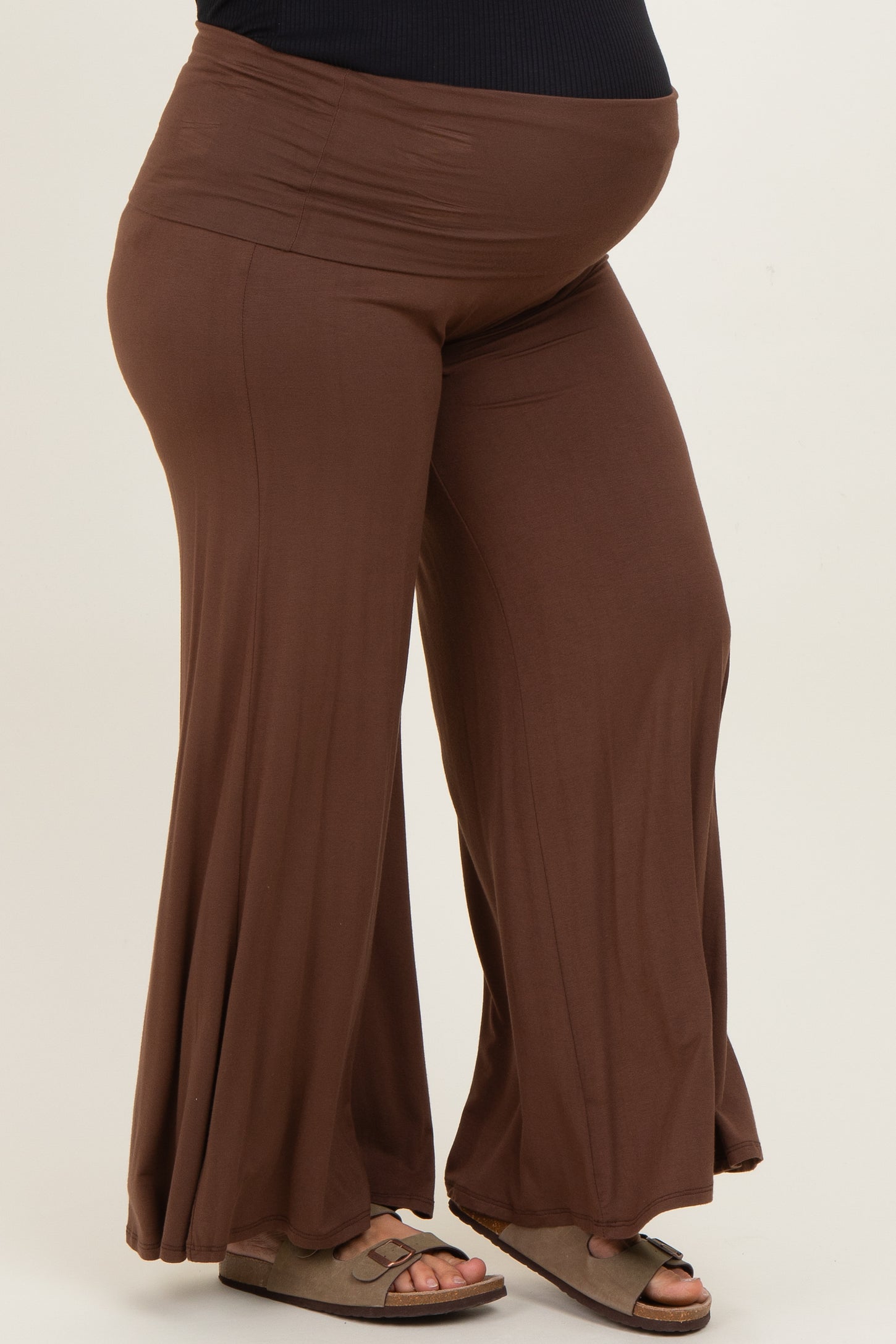 Brown Fold Over Waist Wide Leg Maternity Plus Lounge Pants