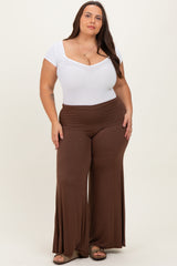Brown Fold Over Waist Wide Leg Plus Lounge Pants