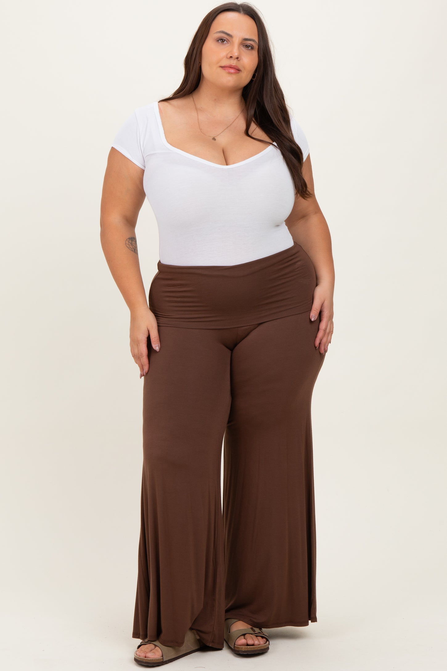 plus size brown dress pants Fold Over Waist Wide Leg Lounge – PinkBlush Color:VINTAGE BLACK These Yours Curve Polka a line denim dress? 32 Chic and Effortless