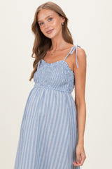 Blue Striped Smocked Shoulder Tie Maternity Midi Dress