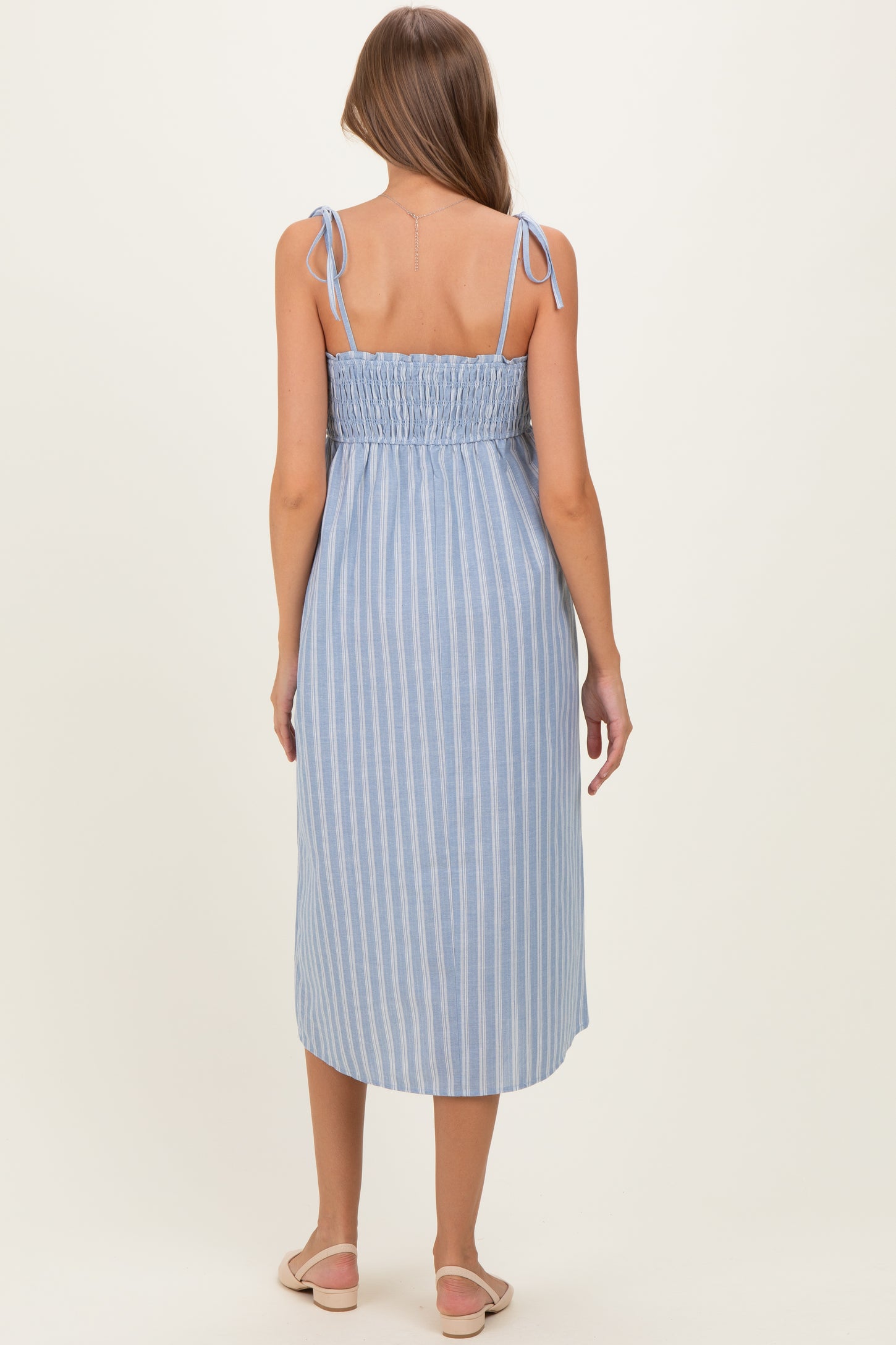 Blue Striped Smocked Shoulder Tie Maternity Midi Dress