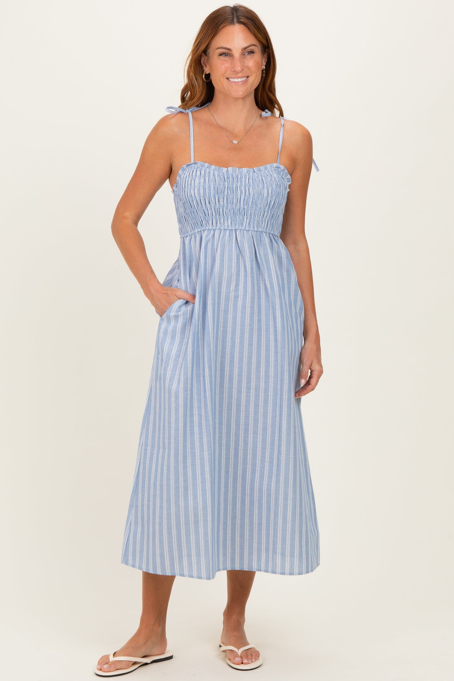 Blue Striped Smocked Shoulder Tie Maternity Midi Dress