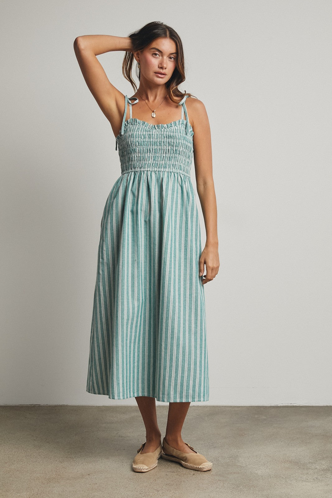 Jade Green Striped Smocked Shoulder Tie Midi Dress Jade Green Striped Smocked Shoulder Tie Midi Dress