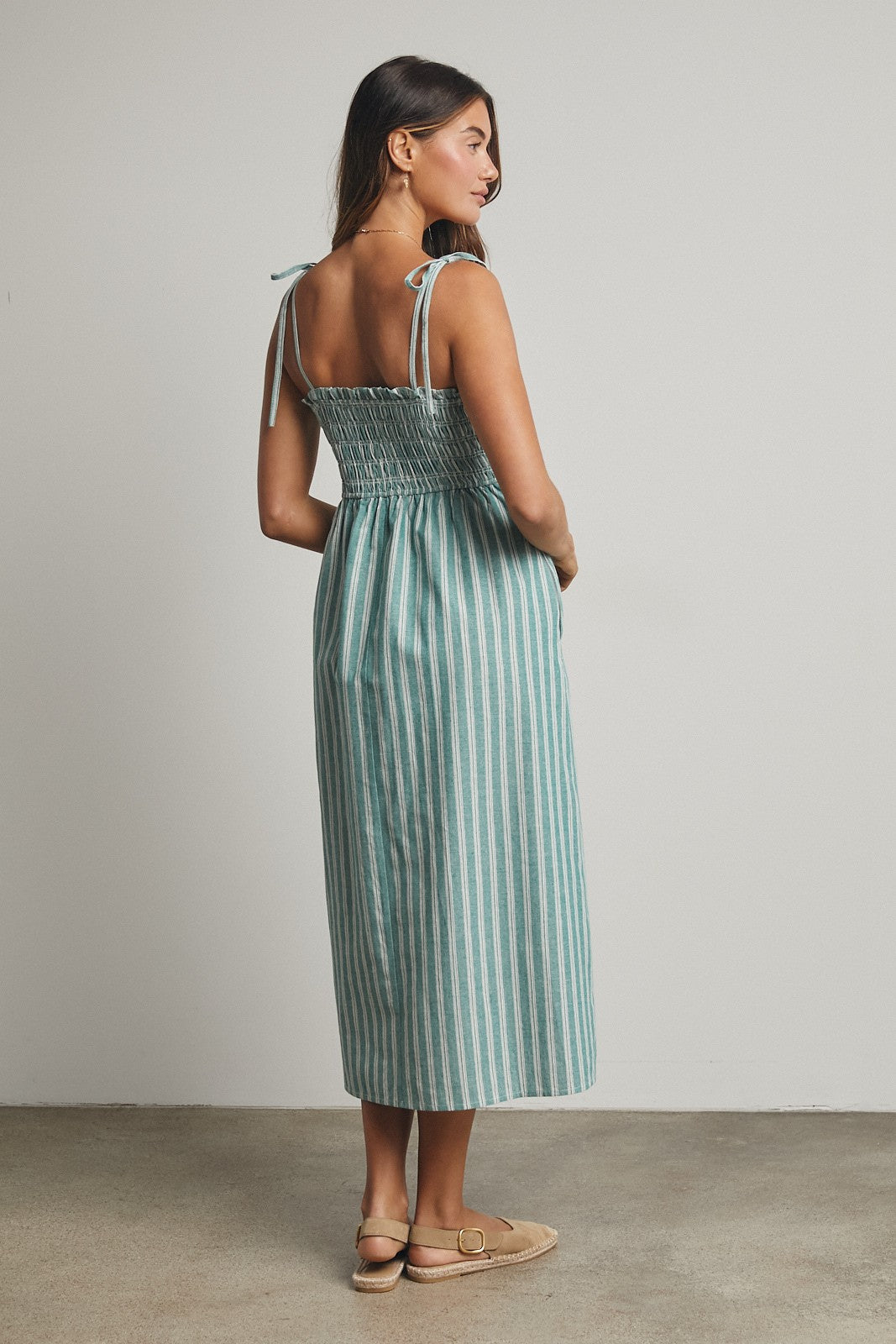 Jade Green Striped Smocked Shoulder Tie Midi Dress Jade Green Striped Smocked Shoulder Tie Midi Dress