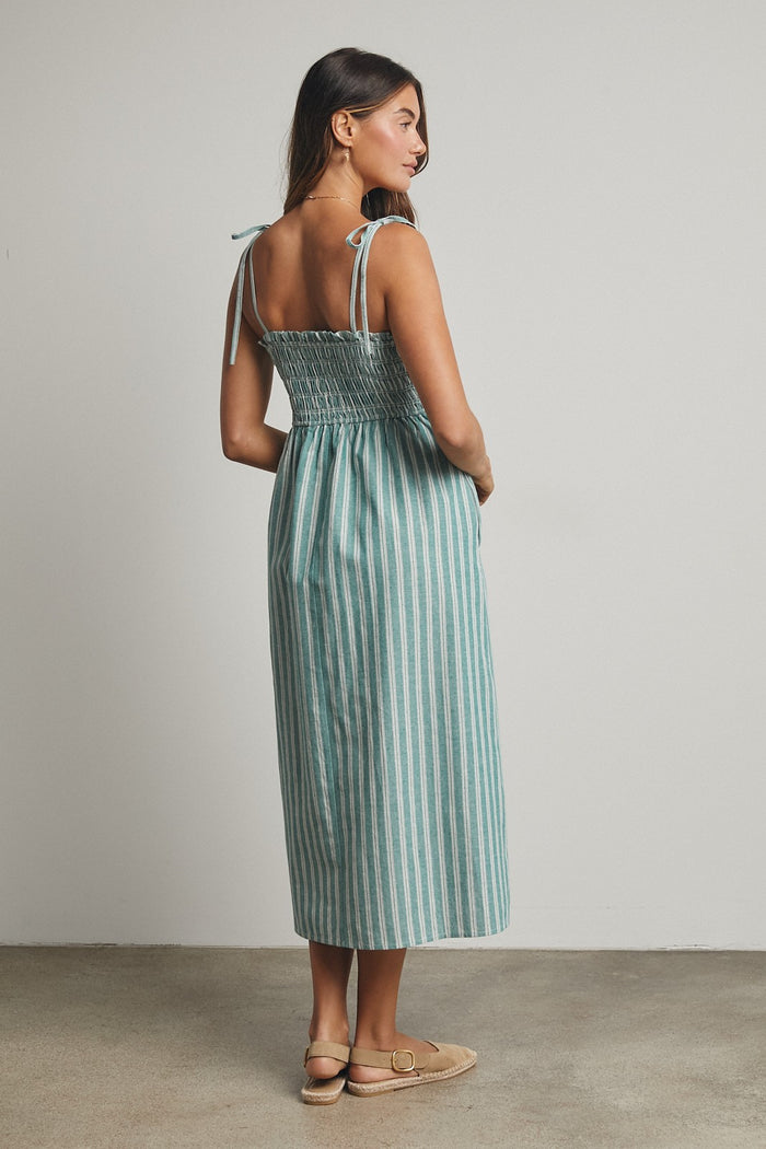 woman wearing a teal and white striped smocked midi dress with adjustable straps and a relaxed fit, viewed from the back