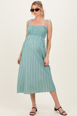 Jade Green Striped Smocked Shoulder Tie Maternity Midi Dress