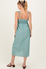 Jade Green Striped Smocked Shoulder Tie Maternity Midi Dress