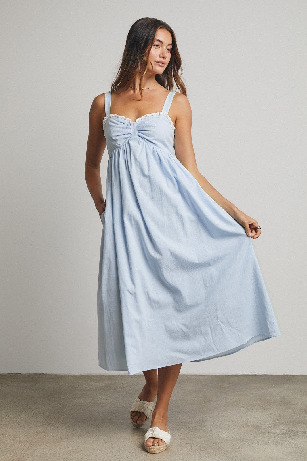 Blue Ruffle Trim Sweetheart Neckline Midi Dress