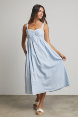 Blue Ruffle Trim Sweetheart Neckline Midi Dress