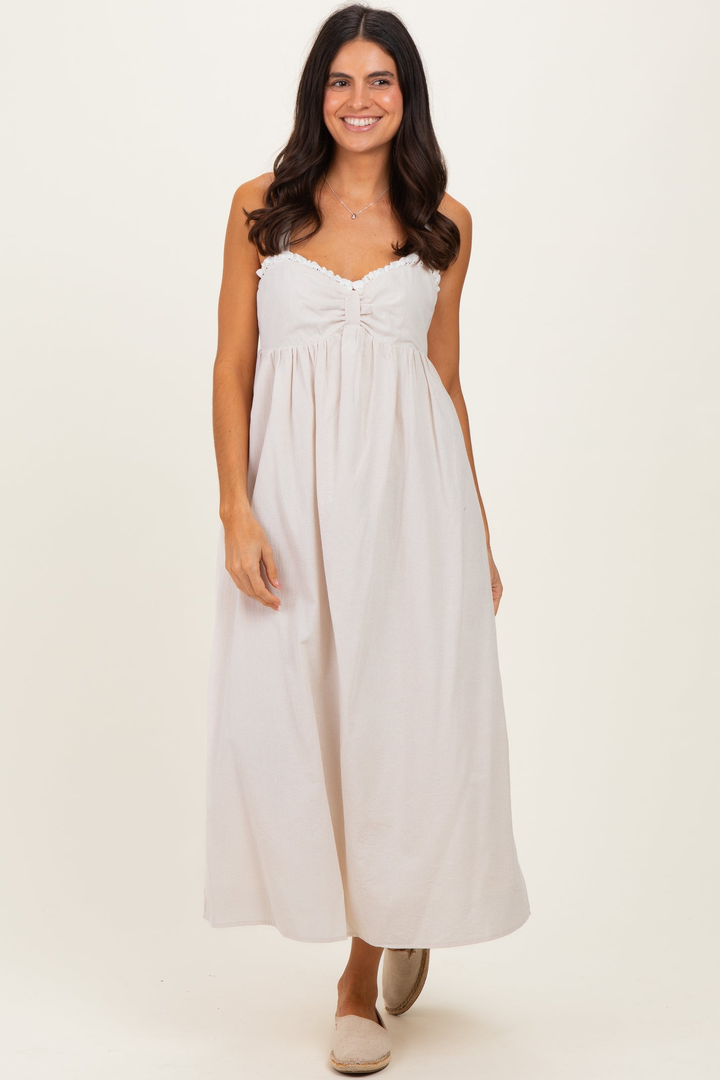 Taupe Ruffle Trim Sweetheart Neckline Maternity Midi Dress
