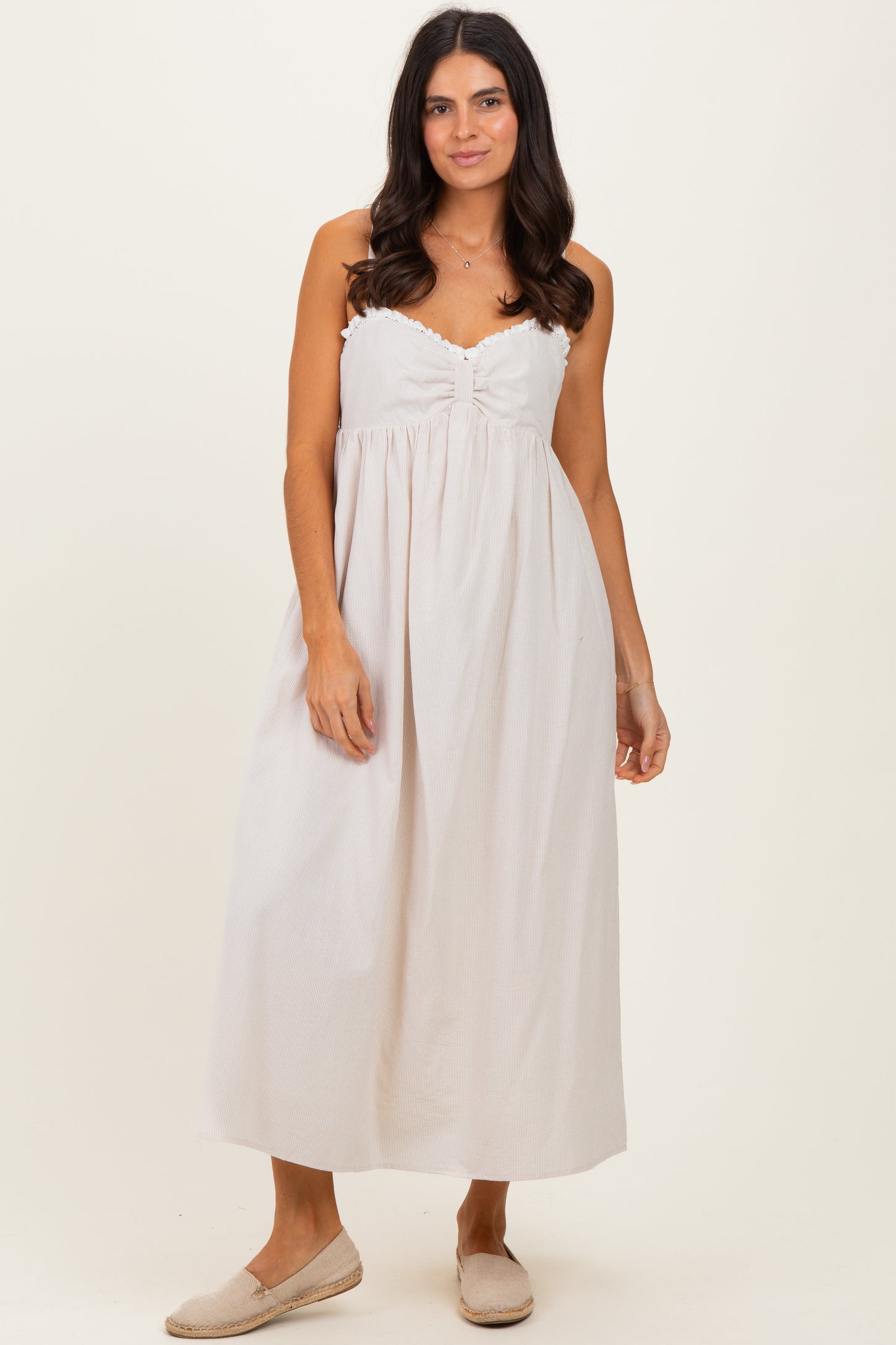 Taupe Ruffle Trim Sweetheart Neckline Midi Dress Taupe Ruffle Trim Sweetheart Neckline Midi Dress