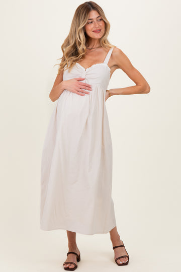 Taupe Ruffle Trim Sweetheart Neckline Maternity Midi Dress