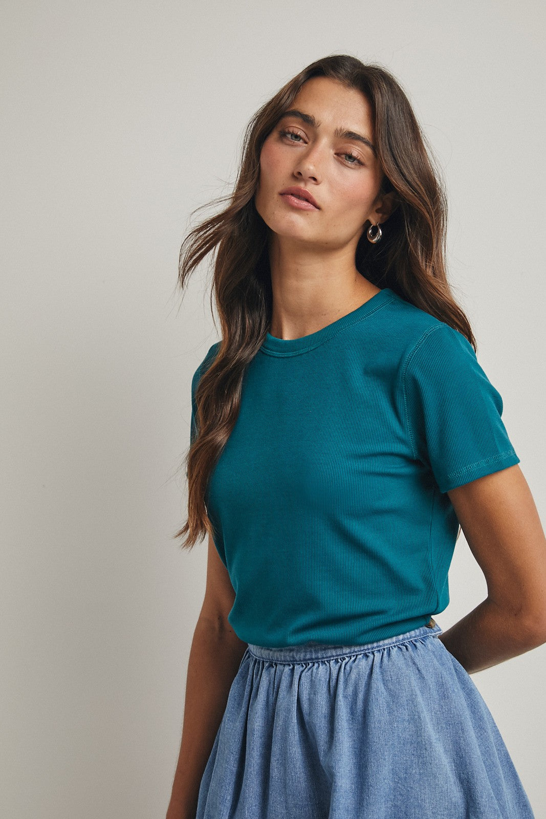 Teal Ribbed Short Sleeve Curved Hem Top