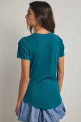 Teal Ribbed Short Sleeve Curved Hem Top