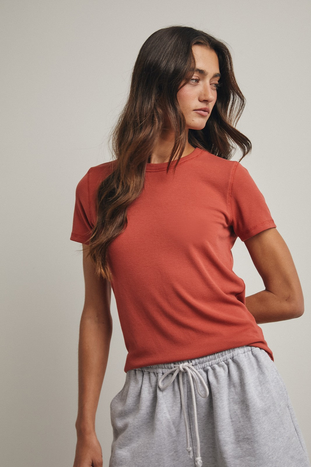 Rust Ribbed Short Sleeve Curved Hem Top