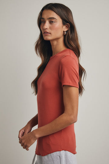 Rust Ribbed Short Sleeve Curved Hem Top