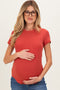 Rust Ribbed Short Sleeve Curved Hem Maternity Top