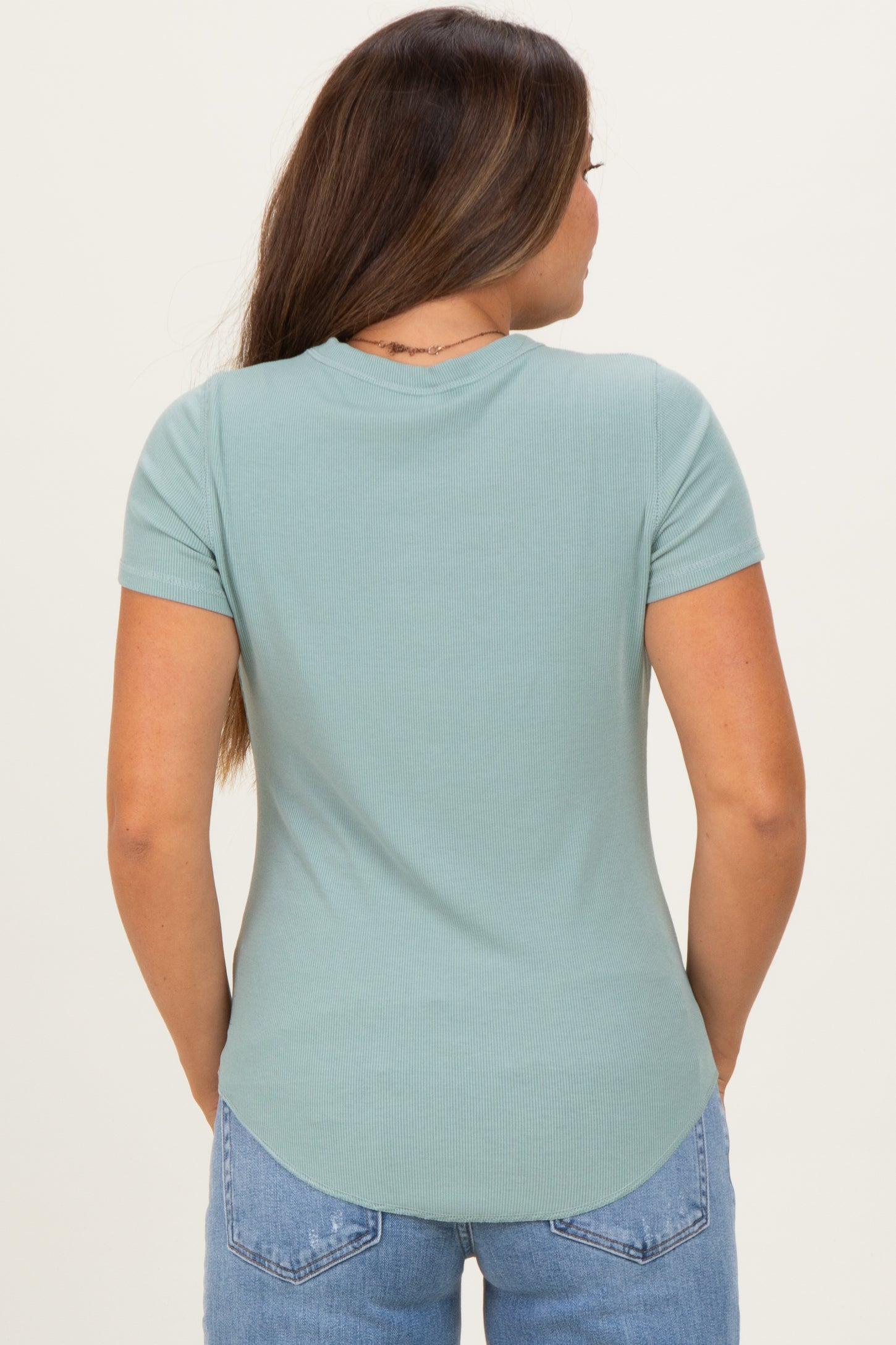 Dusty Mint Ribbed Short Sleeve Curved Hem Maternity Top