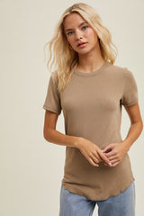 Mocha Ribbed Short Sleeve Curved Hem Top