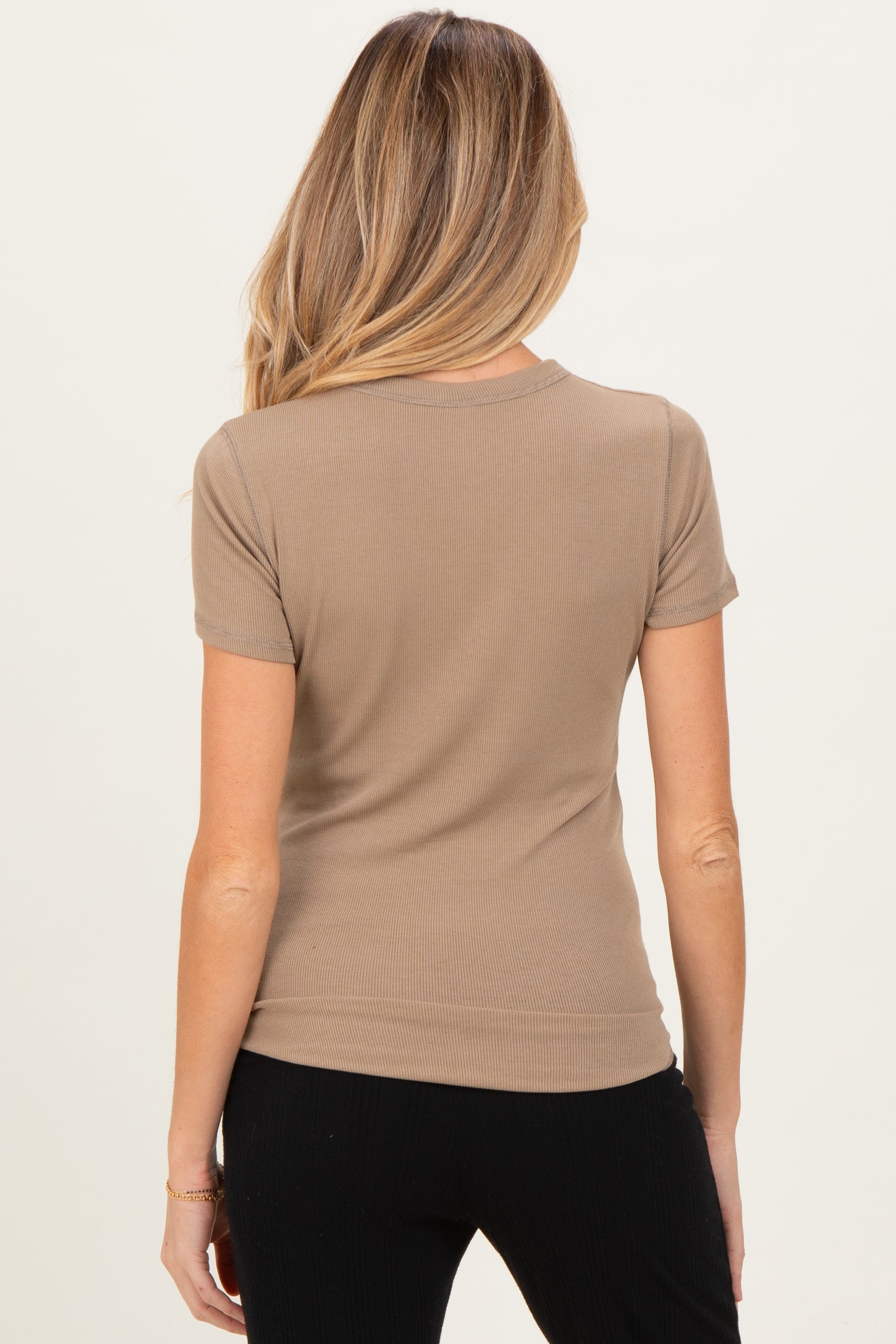Mocha Ribbed Short Sleeve Curved Hem Maternity Top