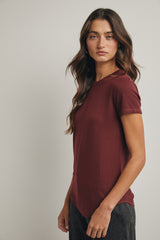 Burgundy Ribbed Short Sleeve Curved Hem Top